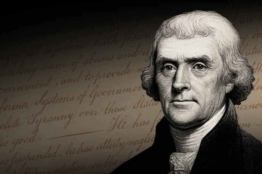 Portrait of Thomas Jefferson over handwritten text of the Declaration of Independence